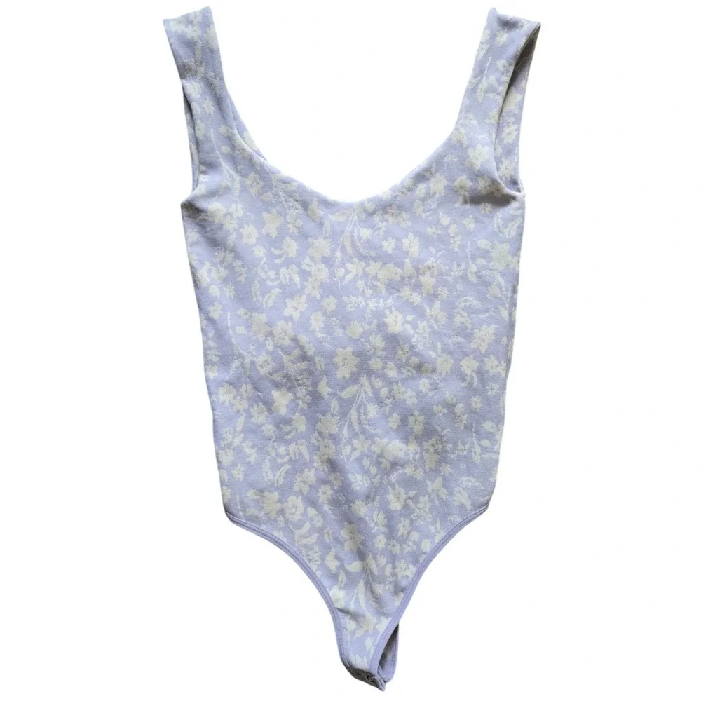 Free People Intimately Lavender Floral Ribbed Bodysuit Size XS/S Scoop Neck - Picture 2 of 5